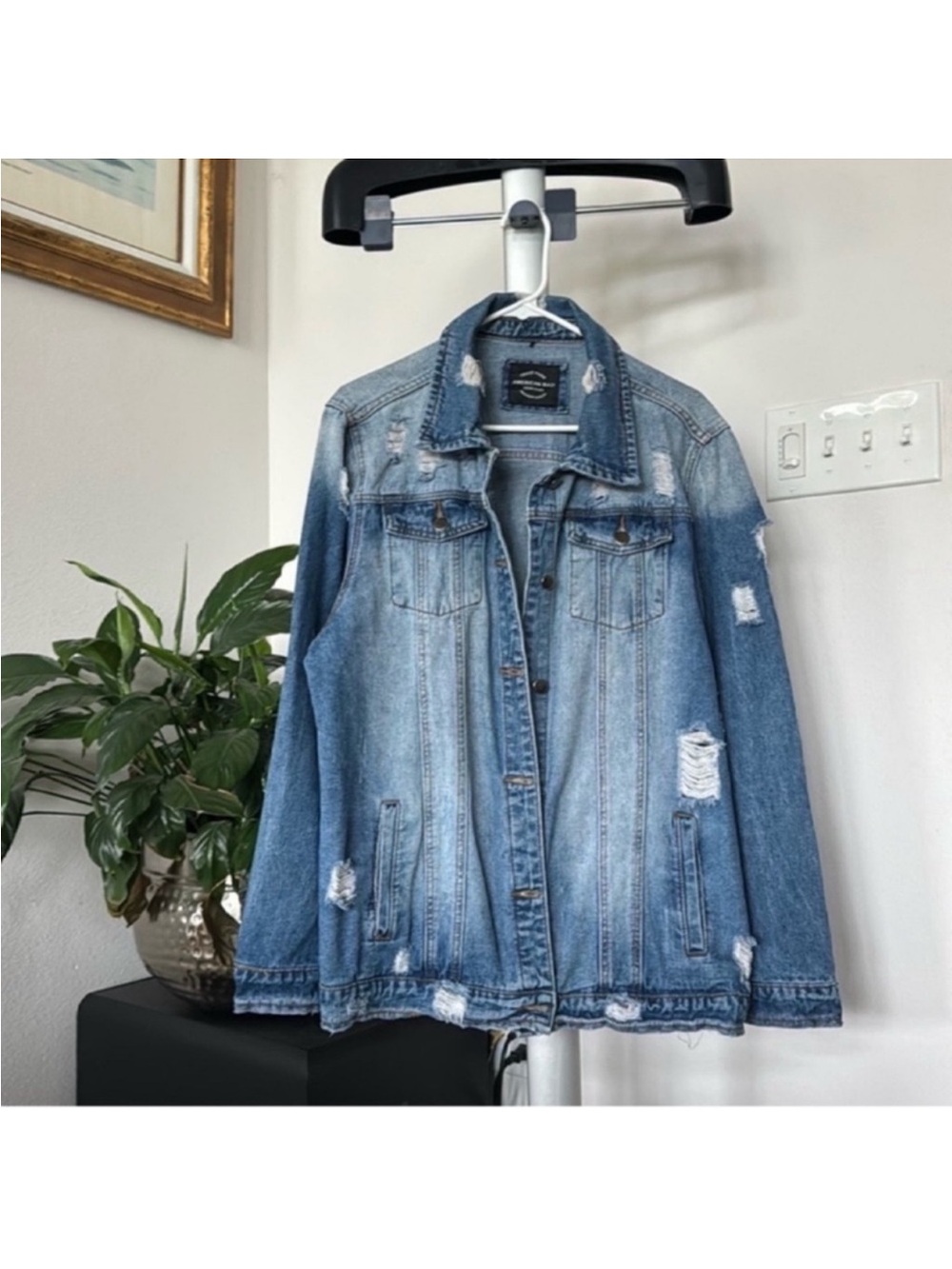 American Bazi Plus Oversized Denim/Jean Jacket Sz 2X Distressed destroyed Blue